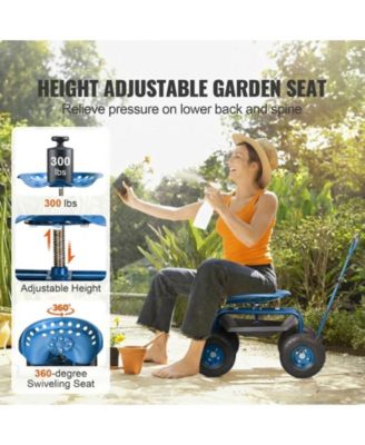 Rolling Garden Workseat with 360-Degree Swivel Seat and Adjustable Handle for Yard Use