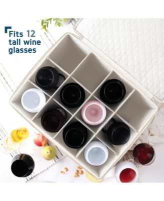 Wine Glass Storage Box with Dividers, Quilted Stackable Stemware Case, Hard Shell China Container for 12 Glasses, Moving & Organization