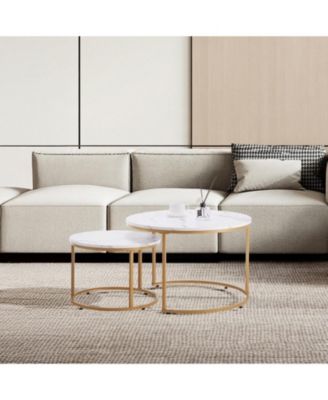 Nesting Coffee Table Set of 2, 27.6" Round Vintage Tables for Small Spaces