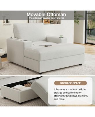 42.8" Oversized Chaise Lounge Chair with Storage Ottoman, Corduroy Sofa Bed with Cup Holders and USB Charging, Sleeper Couch for Living Room