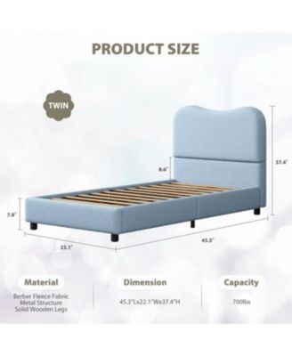 Twin Kids Bed Frame Velvet Upholstered Headboard Low Platform Wood Slats Noise Free No Box Spring