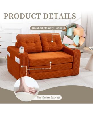 Boneless Convertible Sofa Bed, Soft Corduroy Loveseat with Cup Holders and Pillows, Space Saving Fold Out Floor Couch for Home