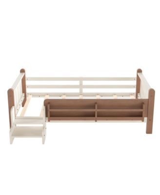 Kids Floor Bed Frame with Storage Bookcases and Stairs, Twin Size Solid Wood Low Profile Bed with Guardrails for Boys Girls