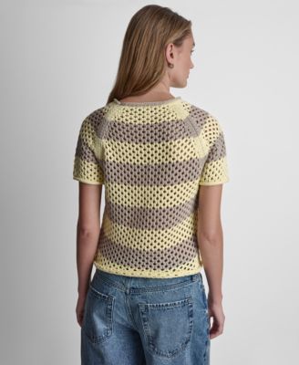 Women's Short-Sleeve Raglan Stripe Pointelle Pull-On Sweater