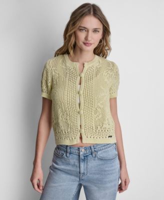 Women's Short Sleeve Crew Neck Floral Pointelle Cardigan