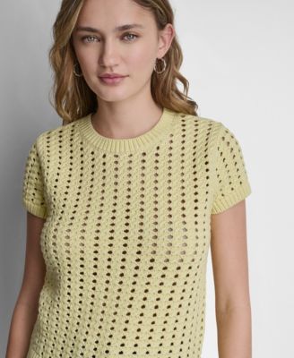 Women's Short-Sleeve Chunky Pointelle Crewneck Sweater 