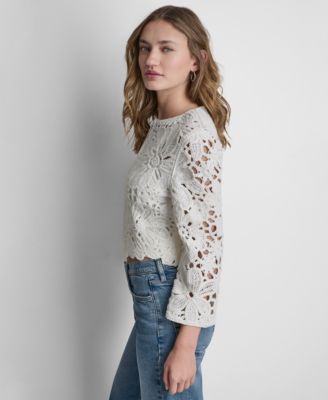 Women's Long-Sleeve Floral Crochet Crewneck Cardigan With Scallop Hem