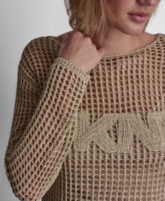 Women's Long-Sleeve Pointelle crochet open-stitch Boat Neck Logo Sweater 