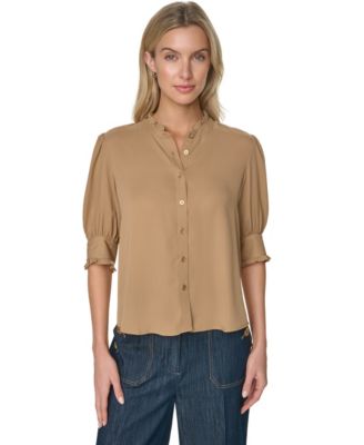 Women's Puff-Sleeve Ruffle Collared Shirt