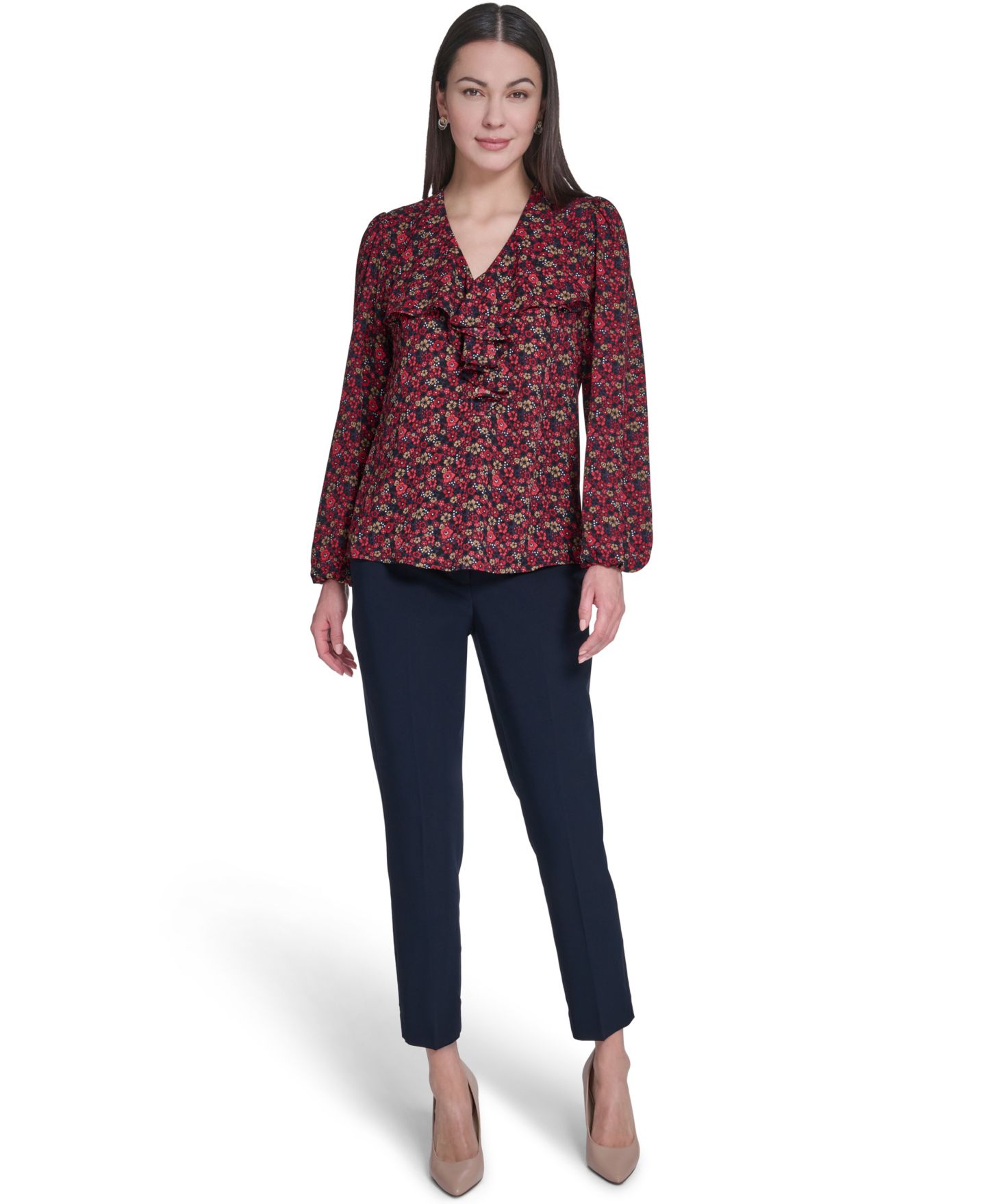 Женская блузка Tommy Hilfiger V-Neck Ruffle Pull-On Blouse, цвет: Тёмно-синий / Угольный — фото 2
