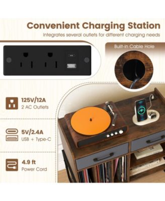 Mid Century Modern Record Player Stand with Charging Station