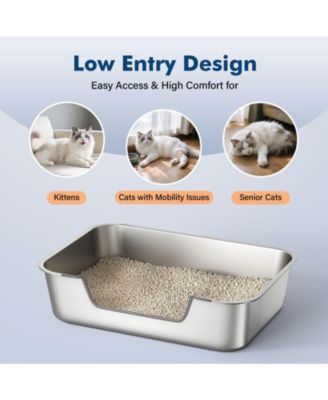 Stainless Steel Cat Litter Box Low Entry Anti Splash Odor Free Non Stick Easy Clean for Senior Injured Cats