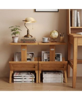 Teak Wood 2-Tier Side Table with Built-In Magazine Rack