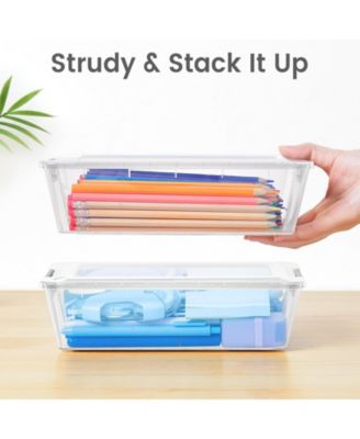Pencil Box Stackable Clear Organizer Plastic Container Lid Art School Supply