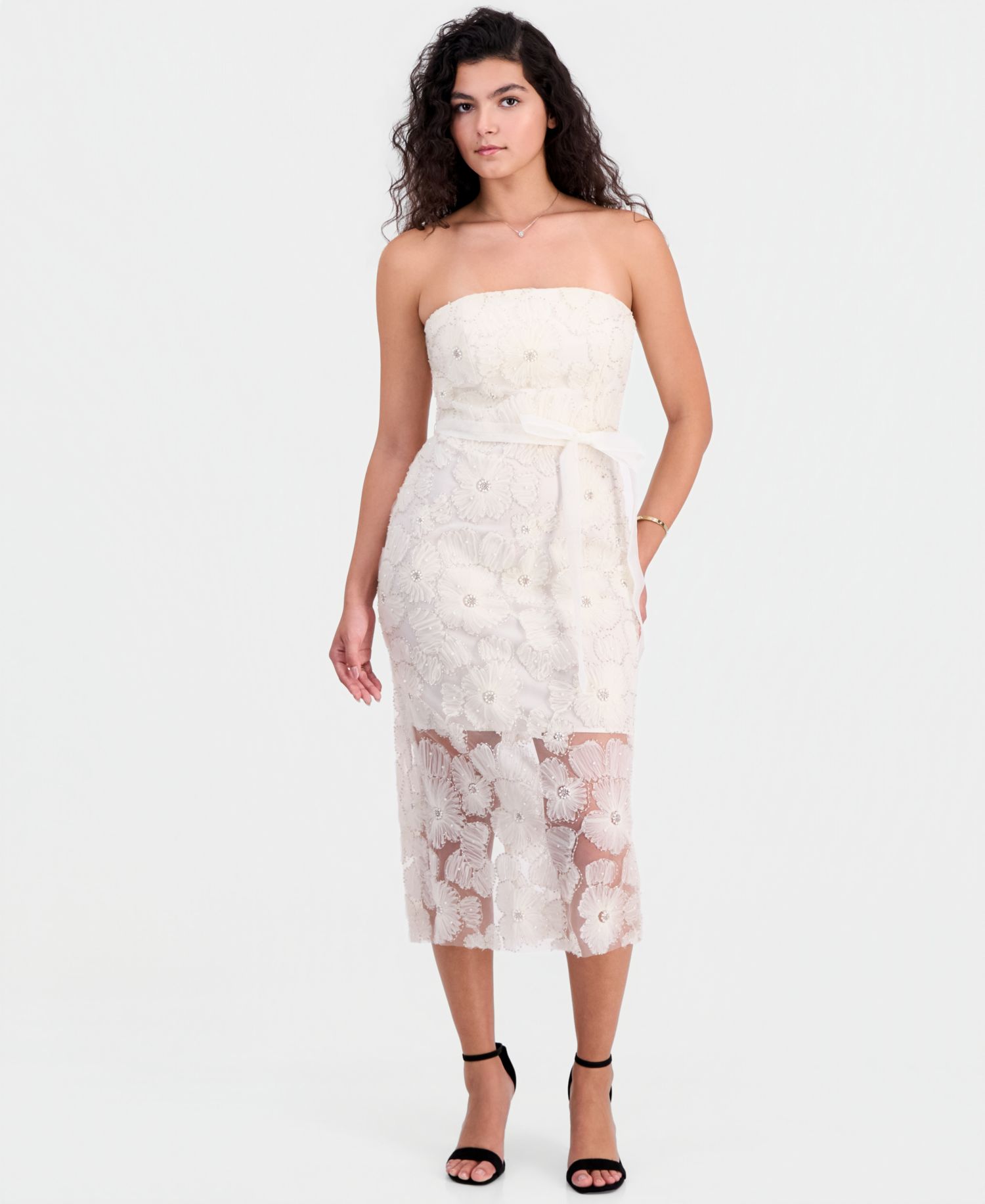 Women's Beaded Floral Strapless Midi Dress