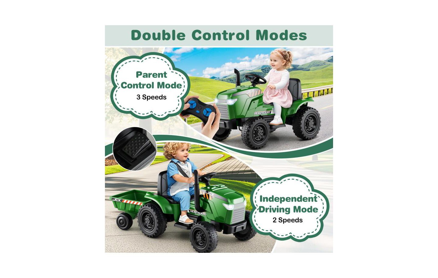 Детская игрушка HONGGE 12V 2-in-1 Remote Control Ride-On Tractor with Detachable Trailer, 66 lbs Capacity, Ages 3-8, цвет: Зелёный — фото 6