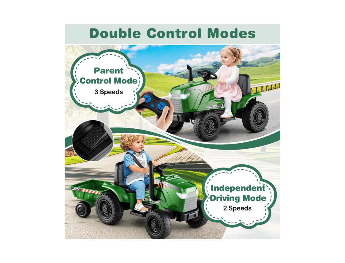 Hongge 12V 2-in-1 Kids Ride On Tractor with Trailer and 3-Gear Shift-Grayish Green