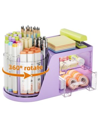 Desk Organizer Rotating Pen Holder 2 Drawer Storage 6 slots