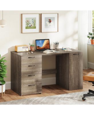 53 Inch Grey Office Desk with Built In Power Outlets and 4 Drawers