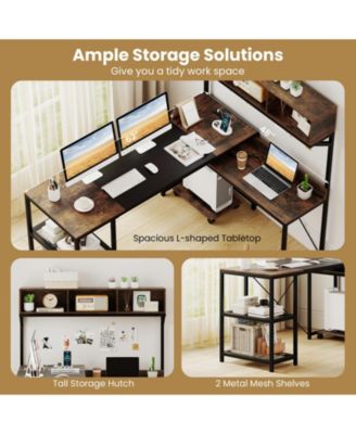 62 Inch Brown L Shaped Desk with Power Outlet and Storage Hutch