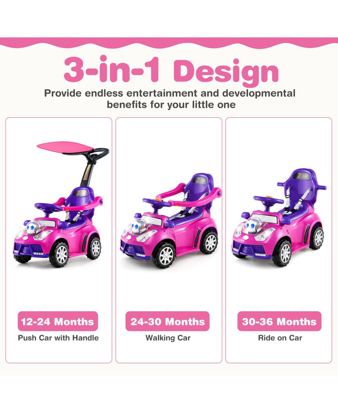Детские игрушки Slickblue 3-in-1 Ride-On Push Car with Seat Belt and Canopy, Ages 1+, цвет: Розовый — фото 6