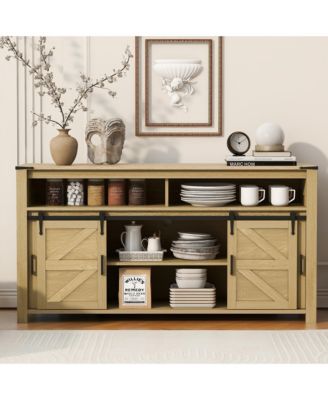 Farmhouse Buffet Cabinet with Sliding Barn Doors, Mesh Panels and Open Storage Cubbies for Living Room, Kitchen and Dining Room