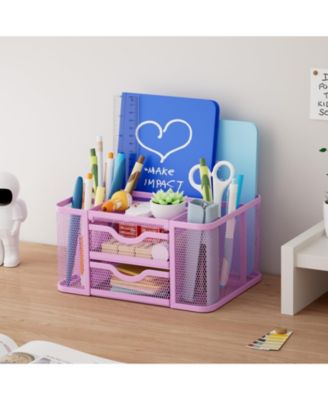 Mesh Desk Organizer Pen Holder 2 Drawer 5 Compartments Office