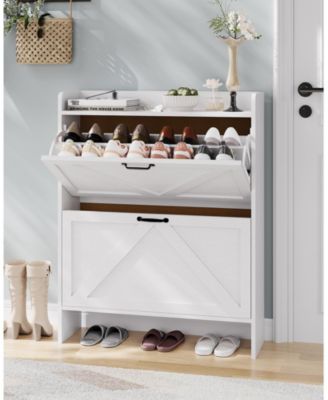 Farmhouse Shoe Cabinet with 2 Flip Drawers, White, Slim Entryway Storage with Metal Legs