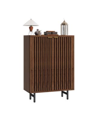 Louvered Shoe Cabinet with Doors, Walnut, 6 Tier Entryway Storage for 24 Pairs