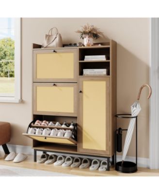 Rattan Shoe Cabinet with 3 Flip Drawers and Metal Legs, 20.08 x 9.25 x 51.38 in