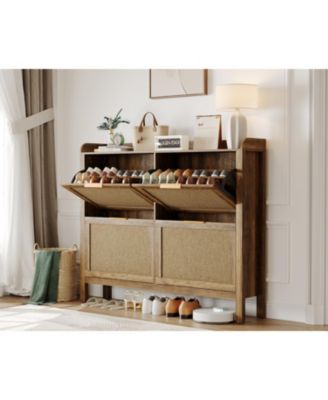 Rattan Shoe Cabinet with 4 Flip Drawers, 47 Wide Slim Entryway Storage, 9.45 Depth