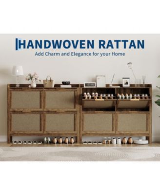 Rattan Shoe Cabinet with 4 Flip Drawers, 47 Wide Slim Entryway Storage, 9.45 Depth