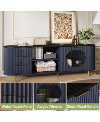 69" Curved Media Console for TVs Up to 80", Modern Entertainment Center with Wavy Acrylic Doors and Spacious Storage for Living Room