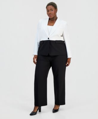 Plus Size Colorblocked One-Button Peplum Jacket & Fly-Front Wide-Leg Pants Suit