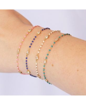  Enamel Bead CZ Chain Bracelet 14K Gold Plated Sterling Silver