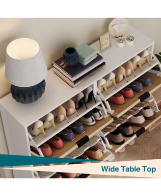 Fluted Shoe Cabinet with 4 Flip Drawers, White and Oak, Slim Entryway Storage with Metal Legs