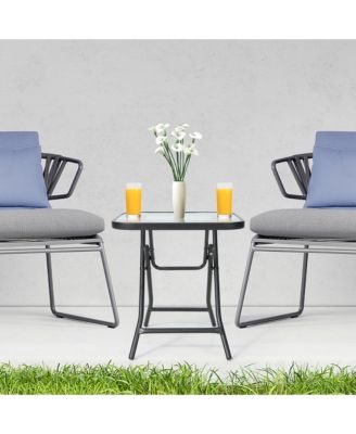 18'' Foldable Patio Side Table Square Coffee Bistro Table w/ Tempered Glass Table Top