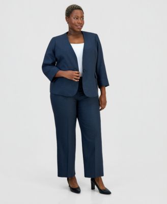Plus Size Collarless One-Button Jacket & Fly-Front Wide-Leg Pants Suit