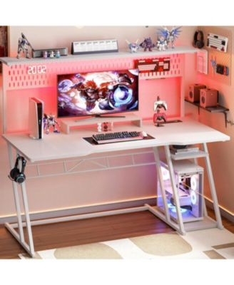 55'' Gaming Desk - Cumputer Desk with Hutch, Outlets, and LED Lights