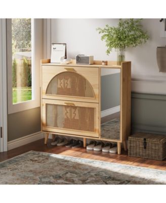 Rattan Shoe Cabinet with Mirror, 2 Flip Drawers and Side Door,  Entryway Storage
