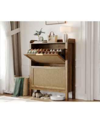 Farmhouse Rattan Shoe Cabinet with 2 Flip Drawers, Brown, 32 in Narrow Entryway Storage