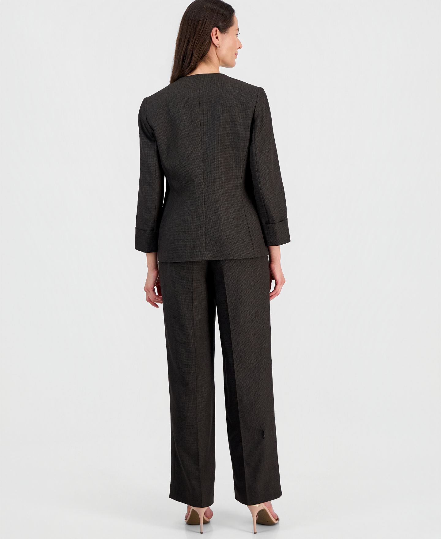 Женские брюки Le Suit Collarless One-Button Jacket & Fly-Front Wide-Leg Pants Suit, цвет: Тёмно-коричневый разноцветный — фото 2