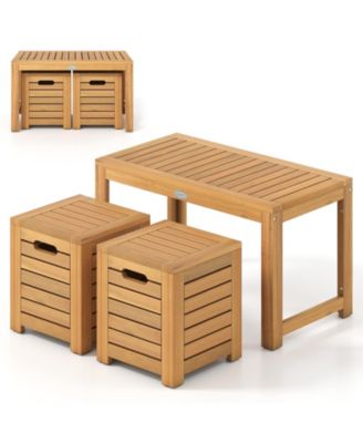 3-Piece Acacia Wood Outdoor Coffee Table and Stool Set with Storage