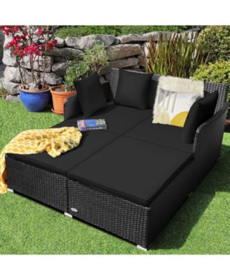 Outdoor Rattan Daybed with Upholstered Cushions and Pillows