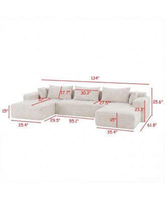 3-Piece U-Shaped Sectional Sofa Set With Pillows, Corduroy Convertible Couch