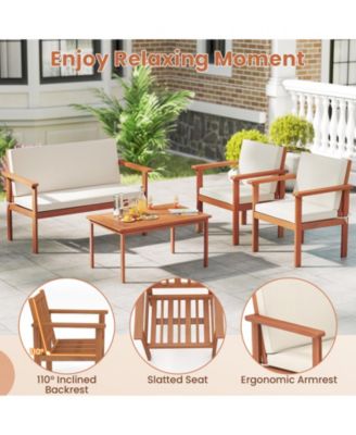 4-Piece Acacia Wood Patio Furniture Set with Loveseat and Cushions