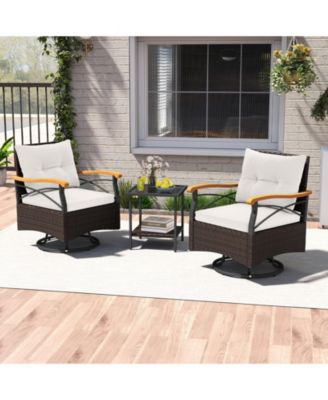 3-Piece Outdoor Swivel Wicker Chair Set with Tempered Glass Side Table