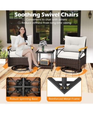 3-Piece Outdoor Swivel Wicker Chair Set with Tempered Glass Side Table