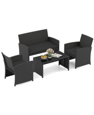 4-Piece Patio Rattan Furniture Set with Removable Cushions and Glass Table
