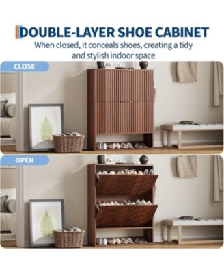 Fluted Shoe Cabinet with 2 Flip Drawers, Open Bottom Shelf and Side Hooks for Entryway Storage